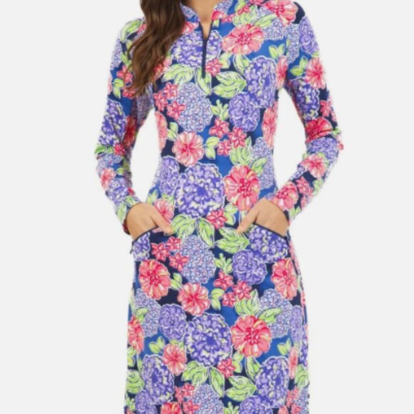 Ibkul Larisa Dress Long Sleeve Zip Collar Pockets Navy Floral Large Athletic - Picture 2 of 14